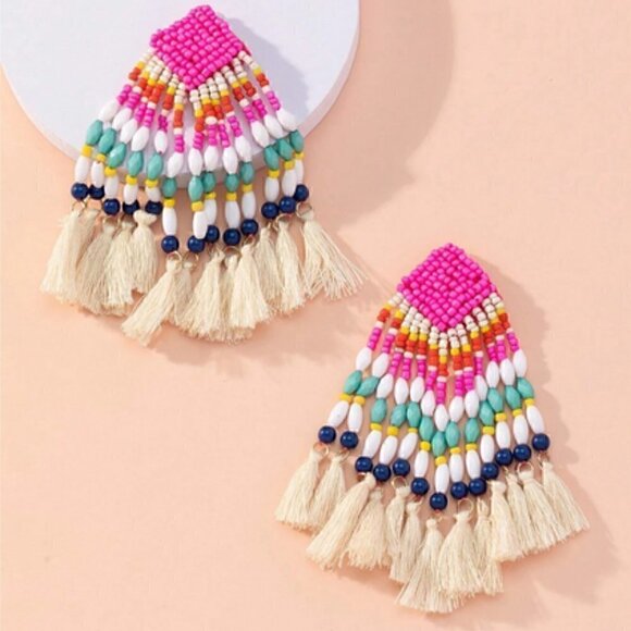 Boho  Bead & Tassel Drop Earrings - Picture 1 of 5